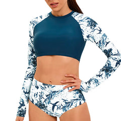 Long Sleeve Print Swimsuit 2-Piece High Waist Surfing Suit Bikini Round Neck Bathing Suit Beach Swimwear