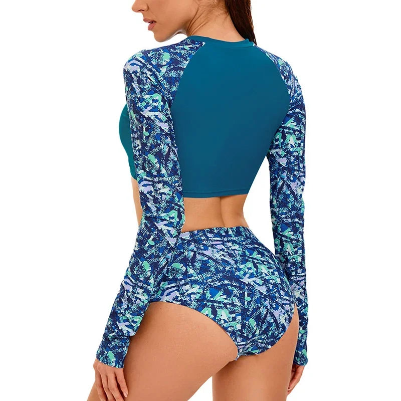 Long Sleeve Print Swimsuit 2-Piece High Waist Surfing Suit Bikini Round Neck Bathing Suit Beach Swimwear