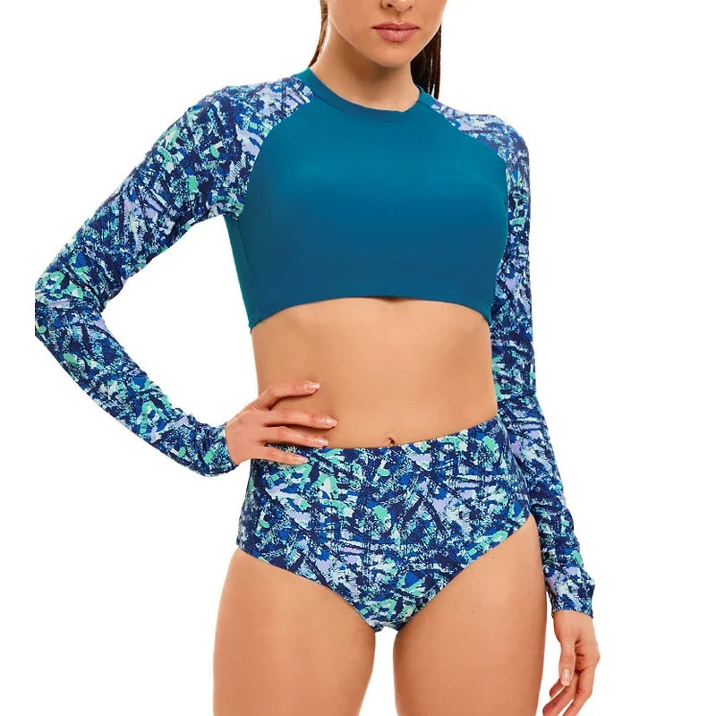 Long Sleeve Print Swimsuit 2-Piece High Waist Surfing Suit Bikini Round Neck Bathing Suit Beach Swimwear