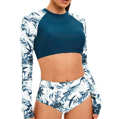 Long Sleeve Print Swimsuit 2-Piece High Waist Surfing Suit Bikini Round Neck Bathing Suit Beach Swimwear