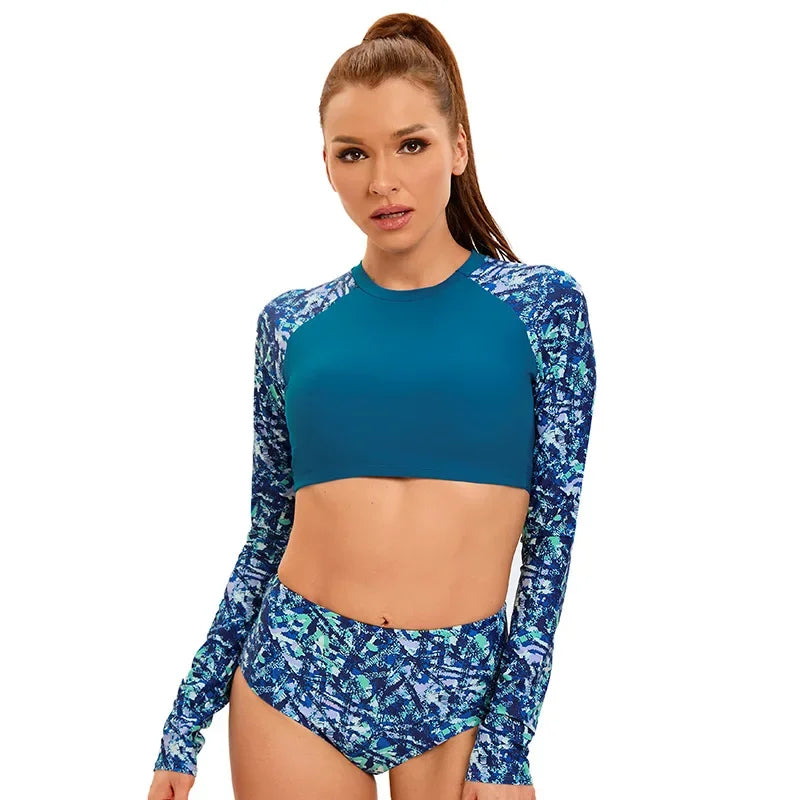 Long Sleeve Print Swimsuit 2-Piece High Waist Surfing Suit Bikini Round Neck Bathing Suit Beach Swimwear