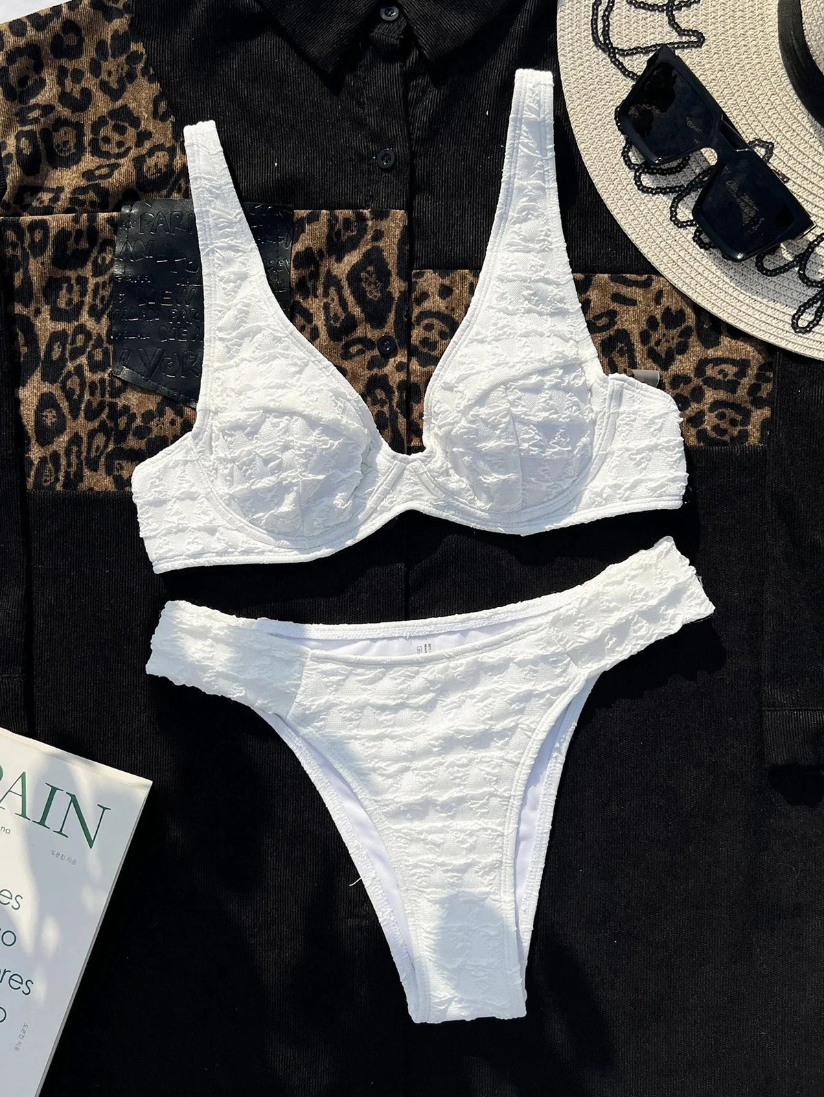 Solid White Swimsuit Woman Underwire U-neck Bikini High Waist Two Piece Swimwear Backless Beach Bathing Suit