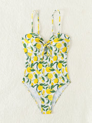 Yellow Fruit Print Bikini Suspender Backless One Piece Swimsuit High Waist Hollow Out Beach Vacation Bathing Suit