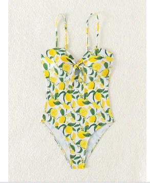 Yellow Fruit Print Bikini Suspender Backless One Piece Swimsuit High Waist Hollow Out Beach Vacation Bathing Suit
