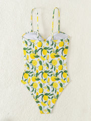 Yellow Fruit Print Bikini Suspender Backless One Piece Swimsuit High Waist Hollow Out Beach Vacation Bathing Suit