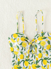 Yellow Fruit Print Bikini Suspender Backless One Piece Swimsuit High Waist Hollow Out Beach Vacation Bathing Suit