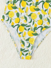 Yellow Fruit Print Bikini Suspender Backless One Piece Swimsuit High Waist Hollow Out Beach Vacation Bathing Suit