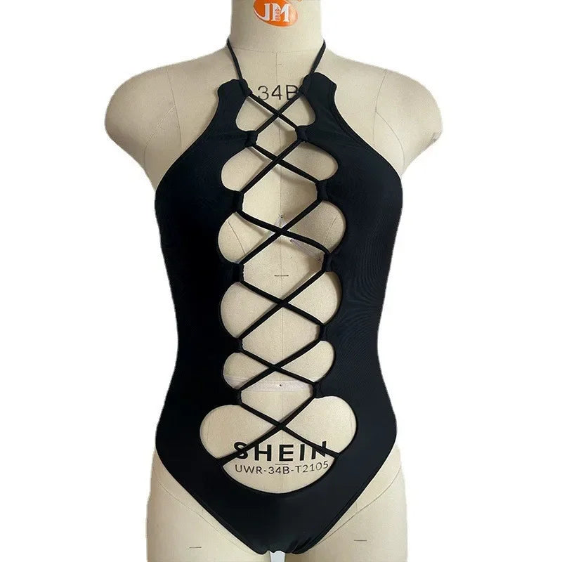 One Piece Bikini Cross Bandage Hollow Out Black Swimwear Halter Monokini Backless Bathing Suit HCHY082