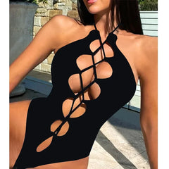 One Piece Bikini Cross Bandage Hollow Out Black Swimwear Halter Monokini Backless Bathing Suit HCHY082