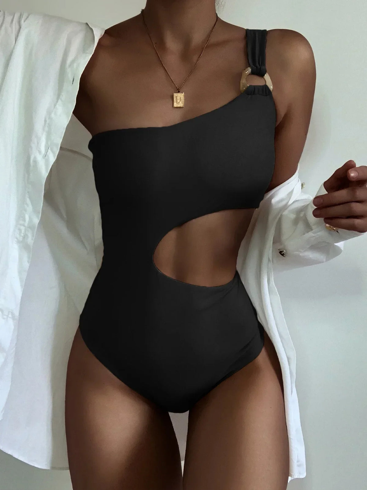 One Shoulder Swimwear Solid Color Hollow Out One Piece Swimsuit Beach Bathing Suit Backless Bodysuit Monokini