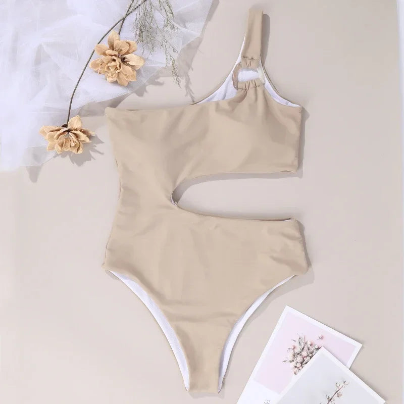 One Shoulder Swimwear Solid Color Hollow Out One Piece Swimsuit Beach Bathing Suit Backless Bodysuit Monokini
