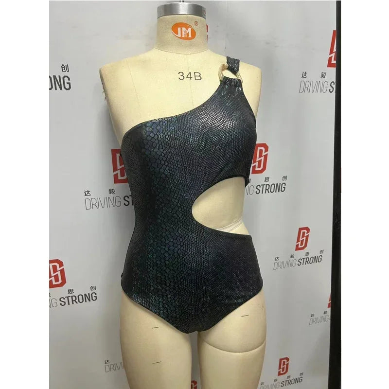 One Shoulder Swimwear Solid Color Hollow Out One Piece Swimsuit Beach Bathing Suit Backless Bodysuit Monokini