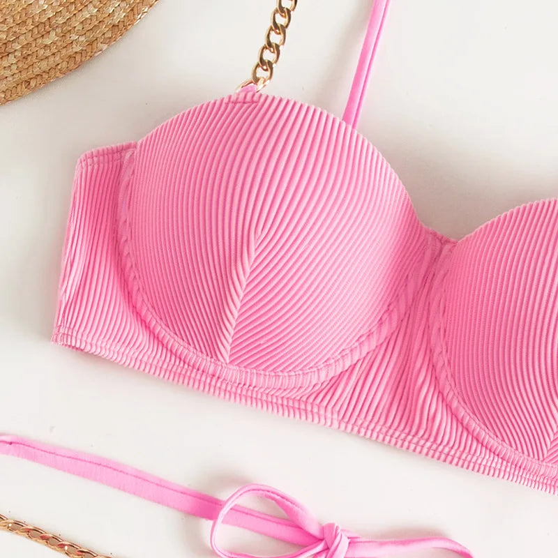 Pink High Waist Tankini Bikini Set