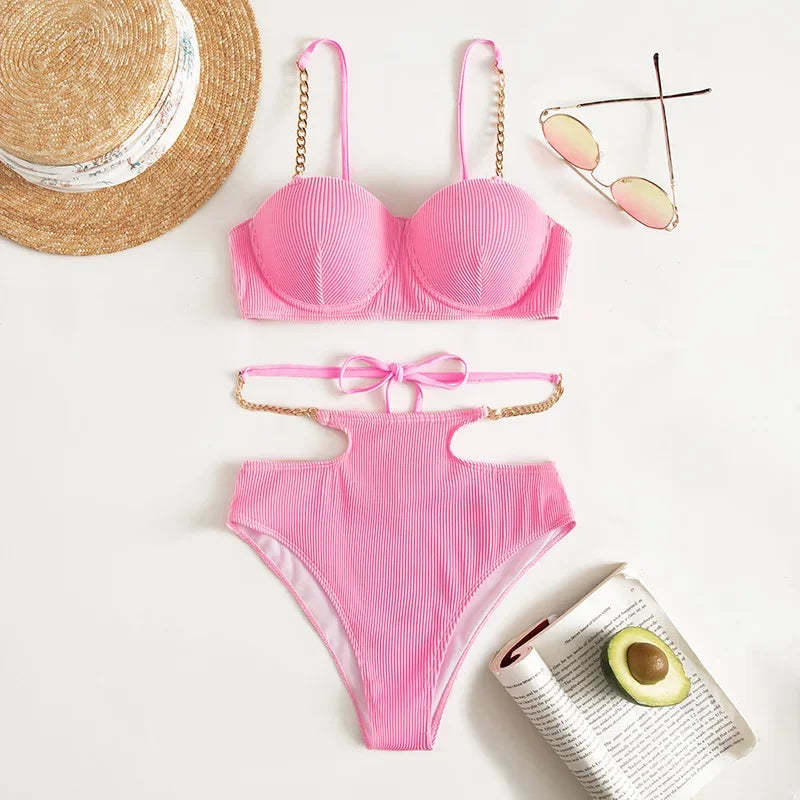 Pink High Waist Tankini Bikini Set