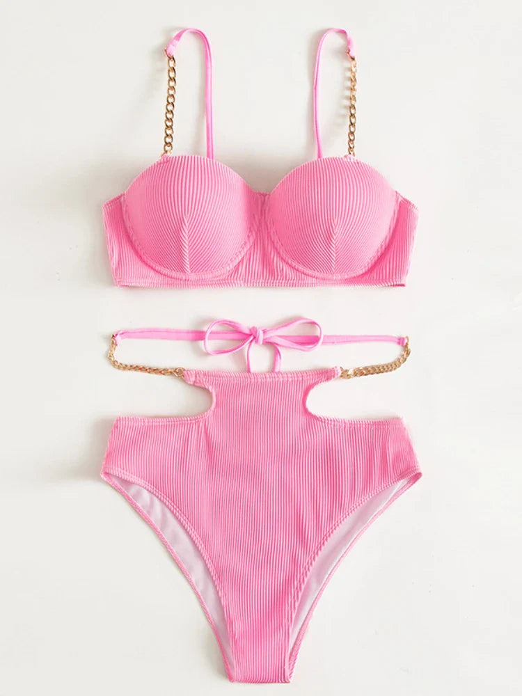 Pink High Waist Tankini Bikini Set