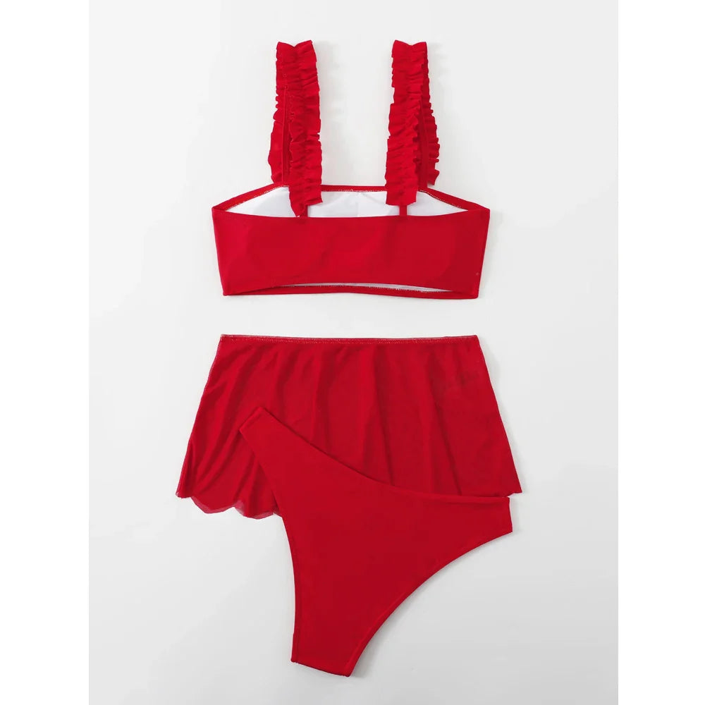 Red Swimsuit High Waist Skirt Three-Piece Bikini Ruffle Suspender Chest Wrap Swimwear Beach Bathing Suit