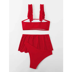 Red Swimsuit High Waist Skirt Three-Piece Bikini Ruffle Suspender Chest Wrap Swimwear Beach Bathing Suit