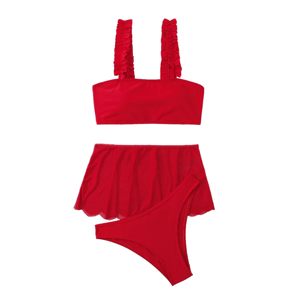 Red Swimsuit High Waist Skirt Three-Piece Bikini Ruffle Suspender Chest Wrap Swimwear Beach Bathing Suit