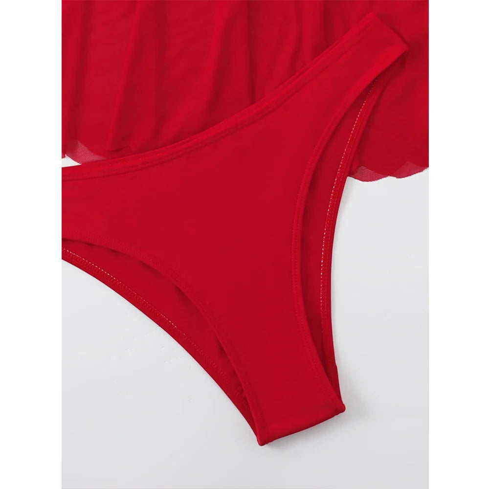 Red Swimsuit High Waist Skirt Three-Piece Bikini Ruffle Suspender Chest Wrap Swimwear Beach Bathing Suit