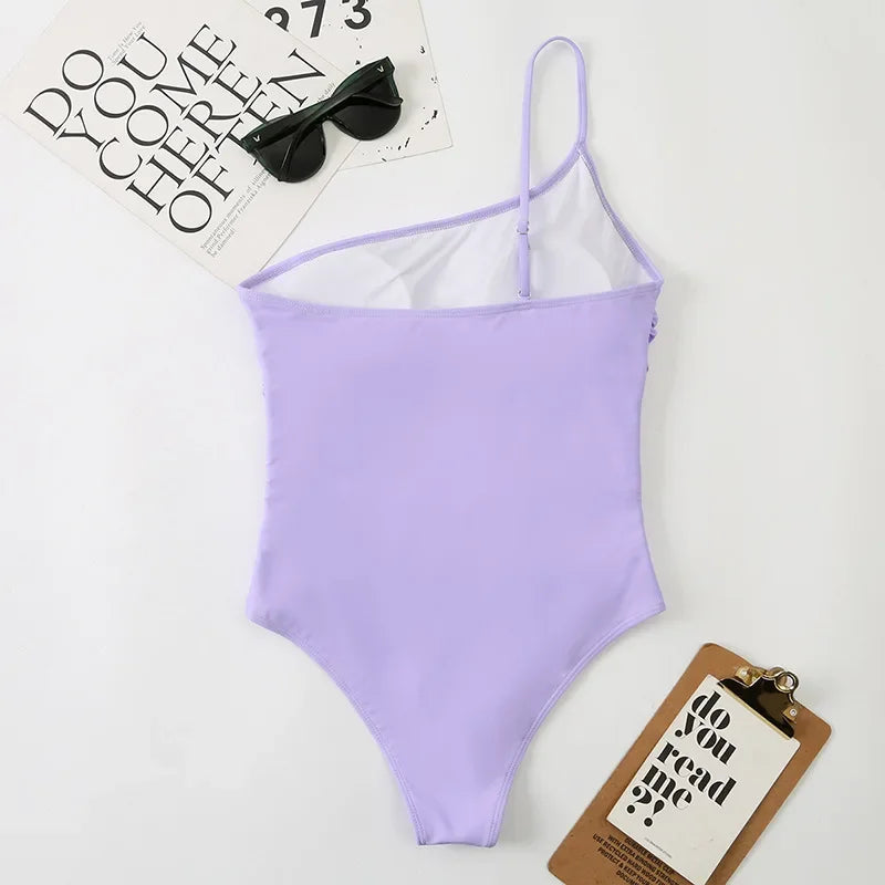 One Shoulder One Piece Swimsuit Solid Black Neon Green Push Up Padded Bathing Suit Pleate Swimwear Monokini