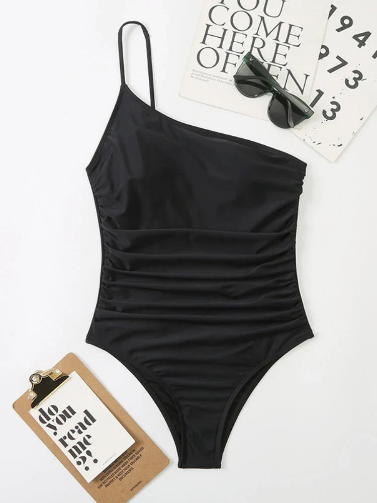 One Shoulder One Piece Swimsuit Solid Black Neon Green Push Up Padded Bathing Suit Pleate Swimwear Monokini