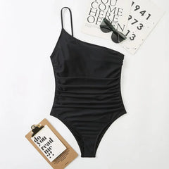 One Shoulder One Piece Swimsuit Solid Black Neon Green Push Up Padded Bathing Suit Pleate Swimwear Monokini