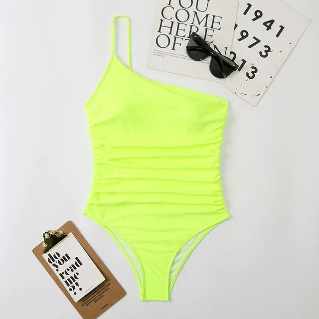 One Shoulder One Piece Swimsuit Solid Black Neon Green Push Up Padded Bathing Suit Pleate Swimwear Monokini