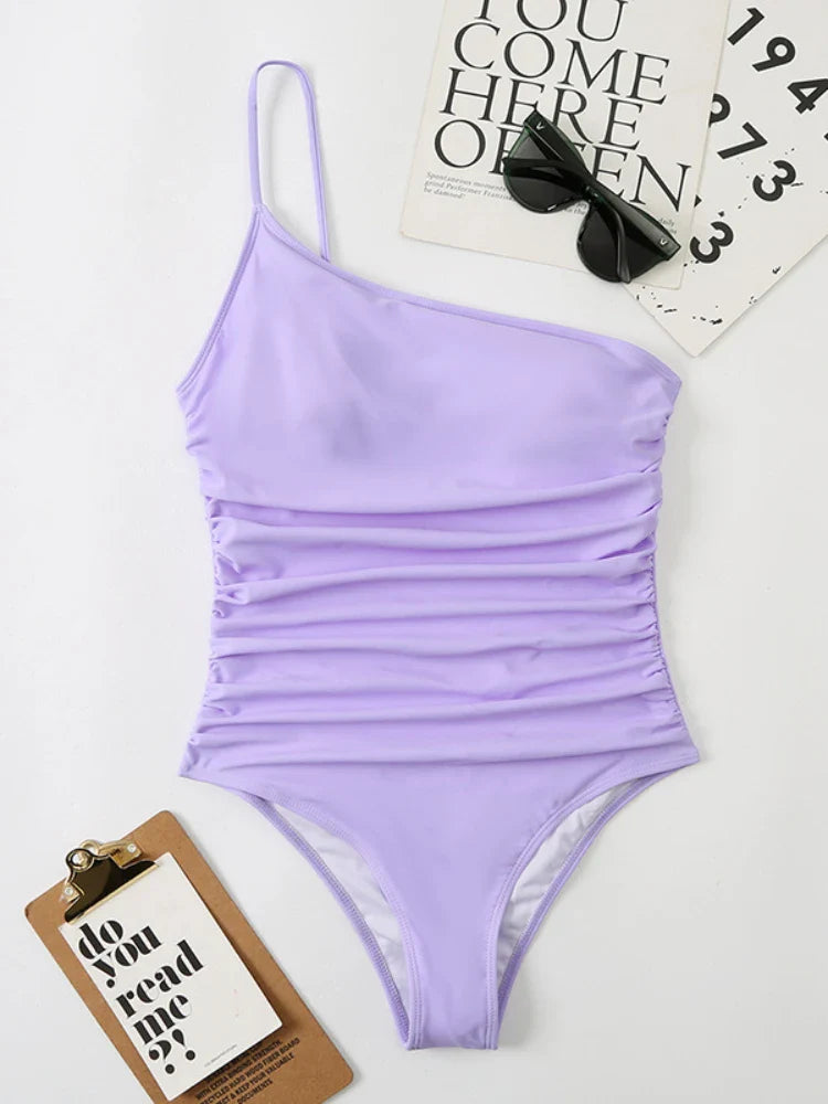 One Shoulder One Piece Swimsuit Solid Black Neon Green Push Up Padded Bathing Suit Pleate Swimwear Monokini