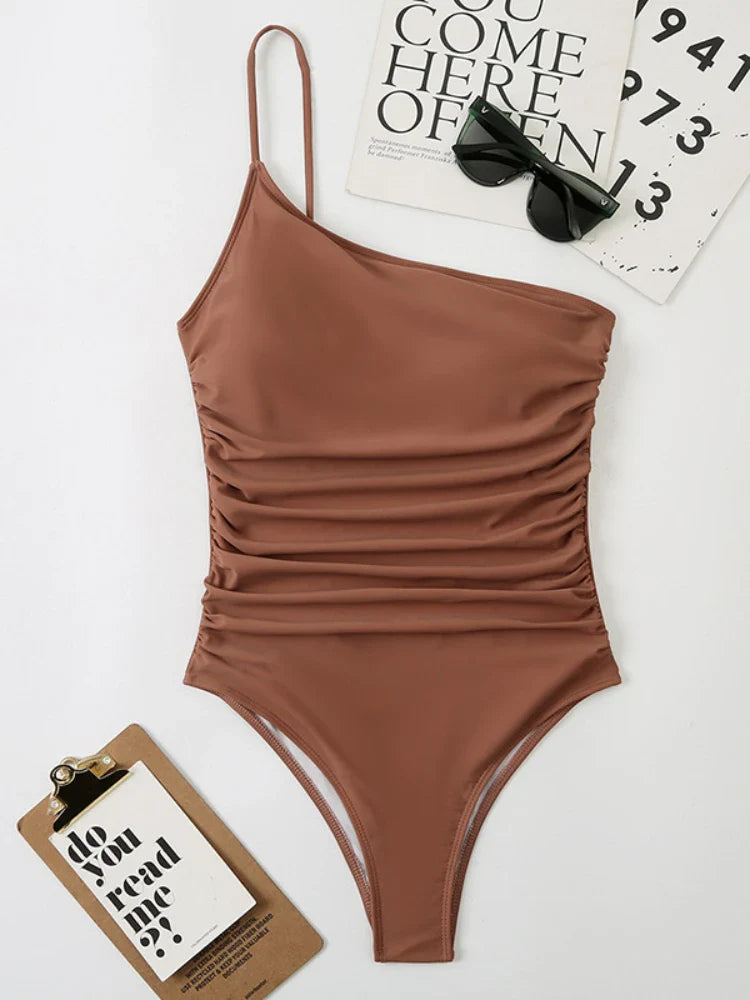One Shoulder One Piece Swimsuit Solid Black Neon Green Push Up Padded Bathing Suit Pleate Swimwear Monokini
