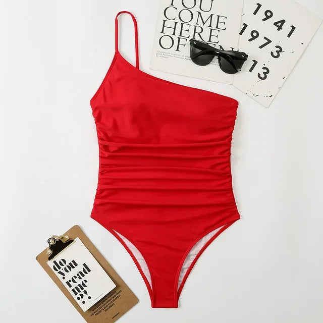 One Shoulder One Piece Swimsuit Solid Black Neon Green Push Up Padded Bathing Suit Pleate Swimwear Monokini