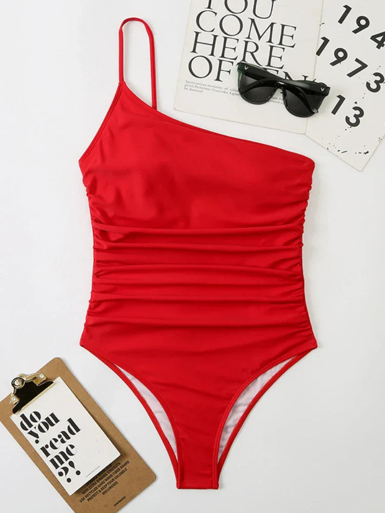 One Shoulder One Piece Swimsuit Solid Black Neon Green Push Up Padded Bathing Suit Pleate Swimwear Monokini