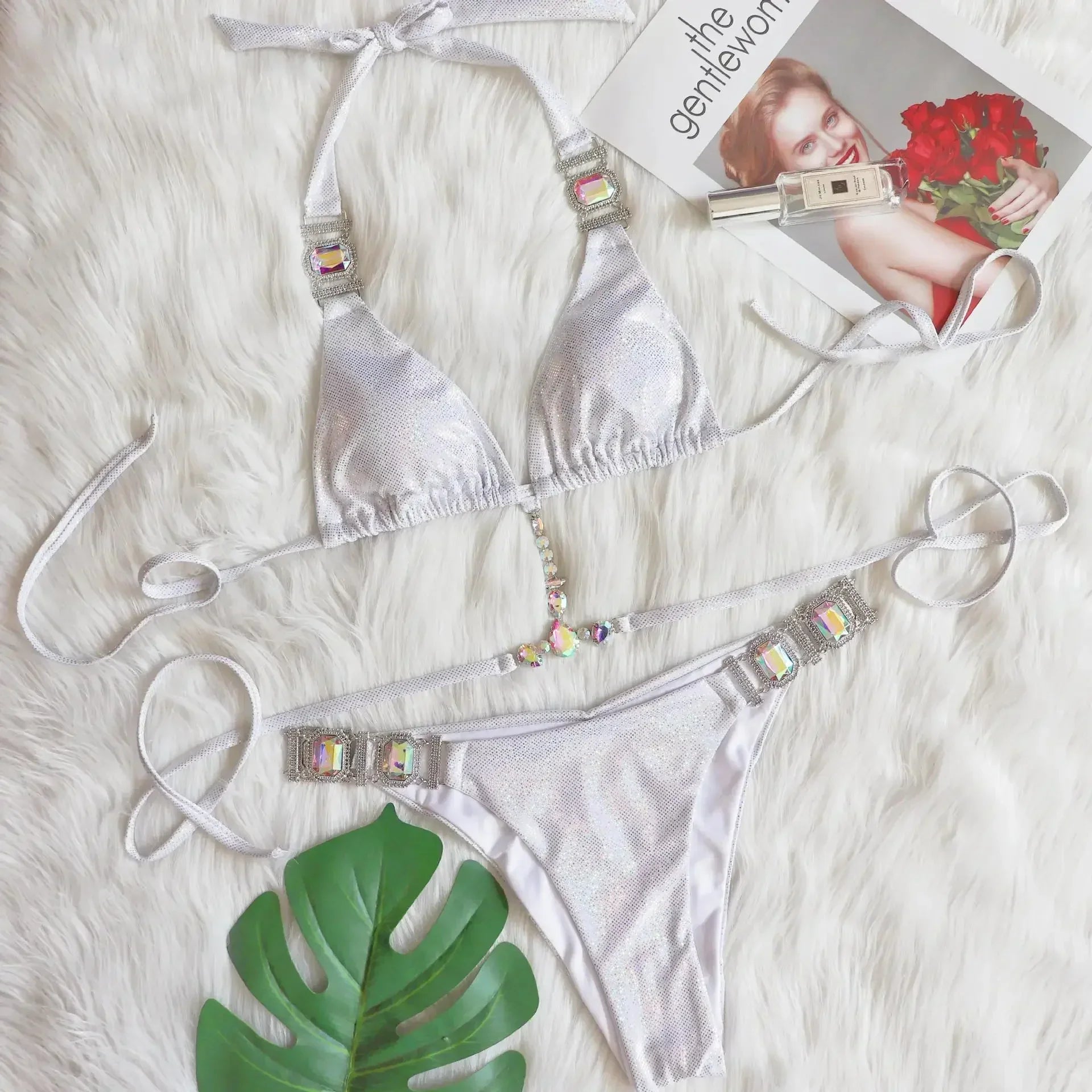 Rhinestone Bikini Snake Print Cut Out Bandage Cross Diamond Swimsuit Metal Chain Bathing Suit Swimwear