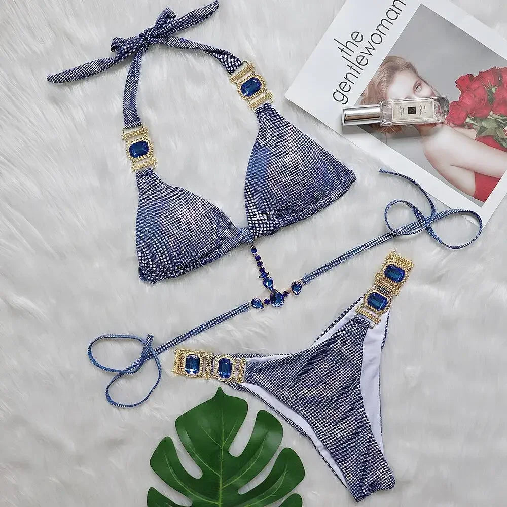 Rhinestone Bikini Snake Print Cut Out Bandage Cross Diamond Swimsuit Metal Chain Bathing Suit Swimwear