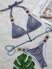 Rhinestone Bikini Snake Print Cut Out Bandage Cross Diamond Swimsuit Metal Chain Bathing Suit Swimwear