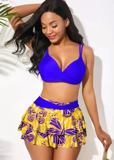 Ruffled Swimsuit Push Up Cross Bikini Maple Print Gradient Beach Skirt Bathing Suit Skirt Swimwear Tankini