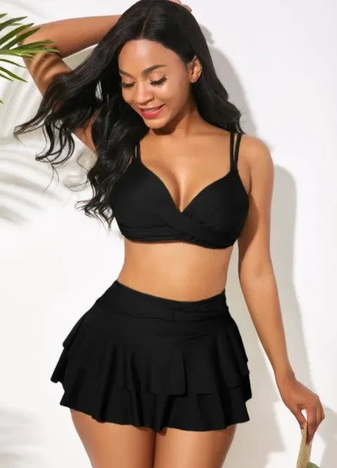 Ruffled Swimsuit Push Up Cross Bikini Maple Print Gradient Beach Skirt Bathing Suit Skirt Swimwear Tankini