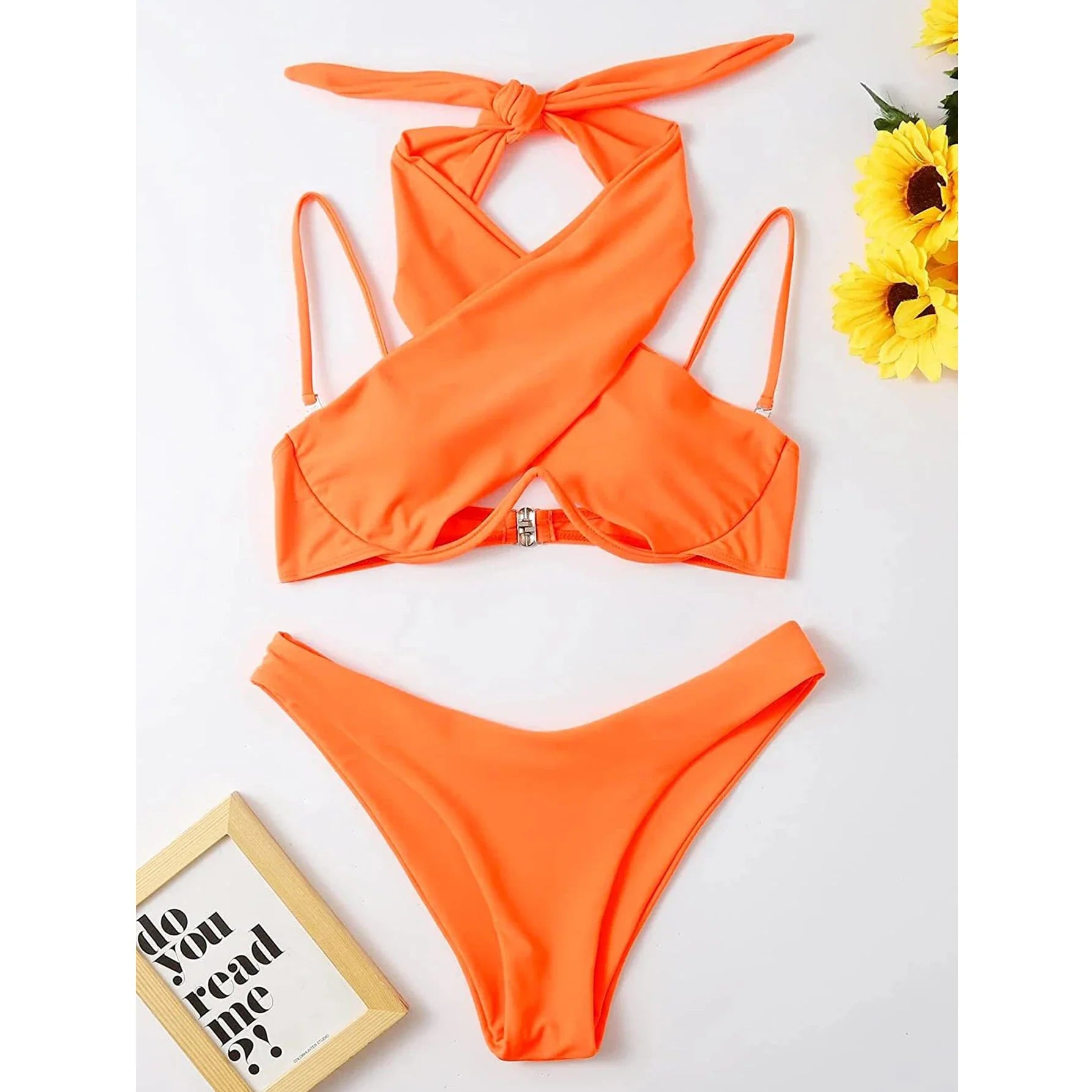 Solid Black Swimsuit 2 Piece Bikini Cross Bandage Hollow Out Lace-up Swimwear Low Waist Thong Beach Bathing Suit