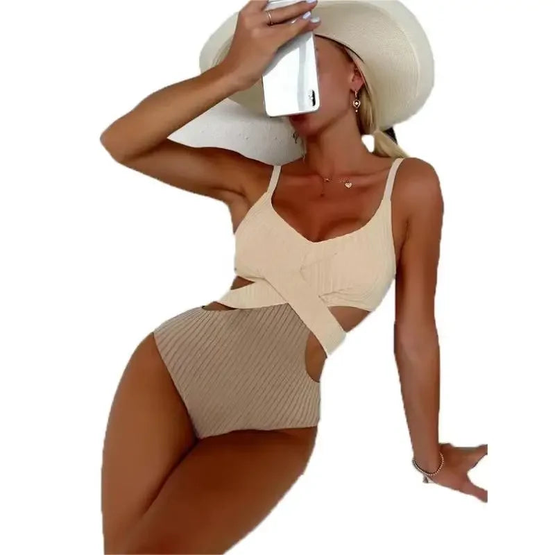 Solid Color Splicing Bikini One Piece Swimsuit Long Sleeve Beach Bodysuit Swimwear Big Backless Bathing Suit