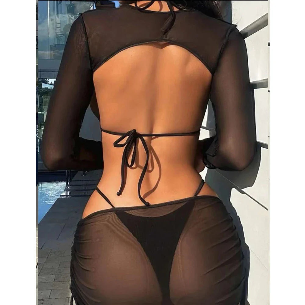 Solid Color Swimsuit Long Sleeve Mesh 3-Piece Bikini Hollow Out Bathing Suit Swimwear Backless Beachwear