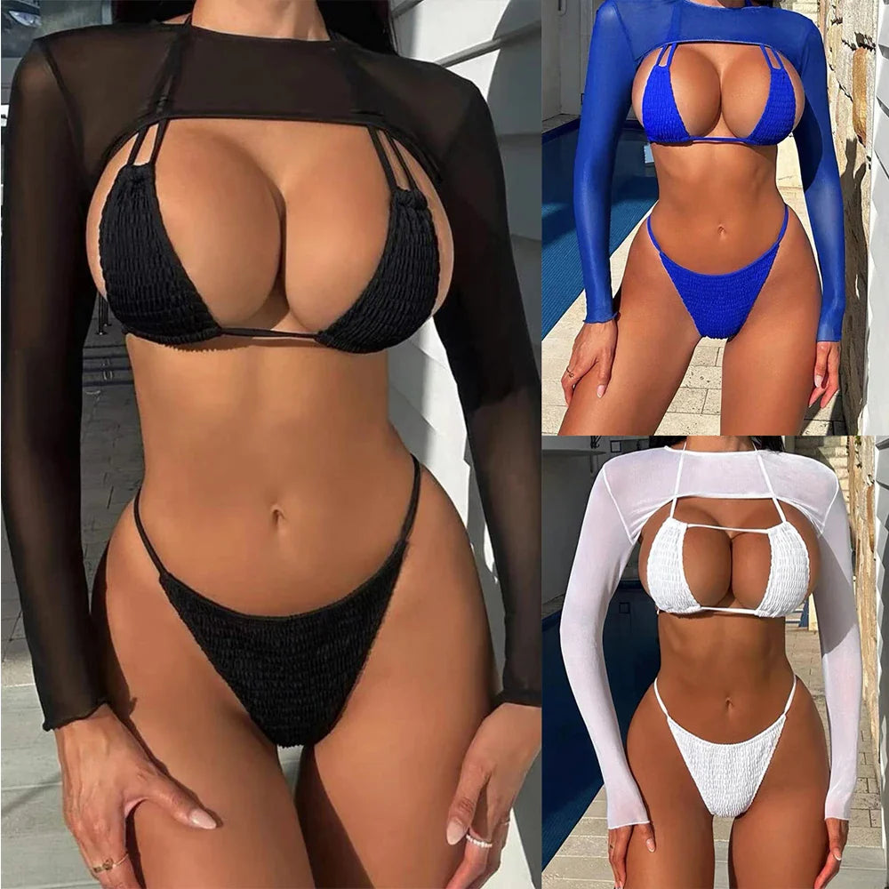 Solid Color Swimsuit Long Sleeve Mesh 3-Piece Bikini Hollow Out Bathing Suit Swimwear Backless Beachwear