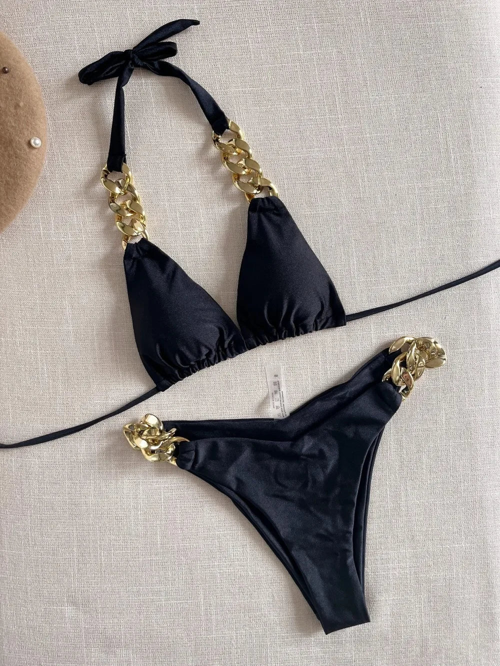 Solid Color Swimsuit Two Piece Chain Bikini V-neck Halter Lace-up Swimwear Low Waist Thong Beach Bathing Suit
