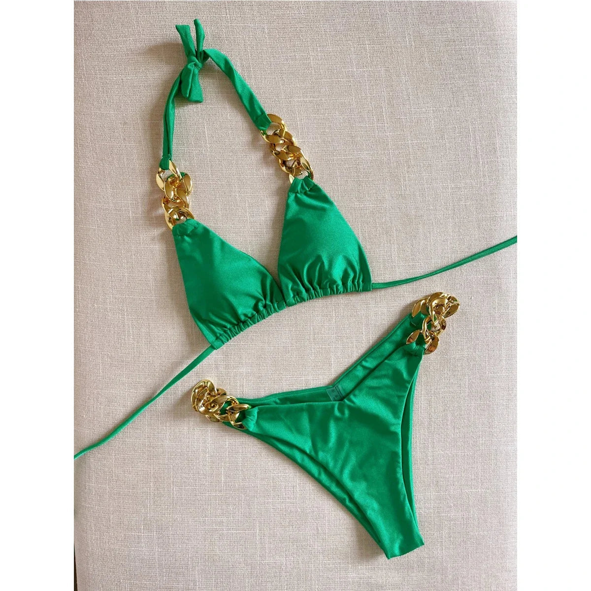 Solid Color Swimsuit Two Piece Chain Bikini V-neck Halter Lace-up Swimwear Low Waist Thong Beach Bathing Suit