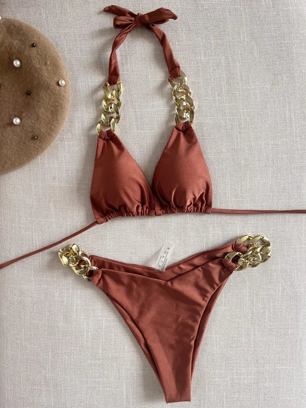 Solid Color Swimsuit Two Piece Chain Bikini V-neck Halter Lace-up Swimwear Low Waist Thong Beach Bathing Suit