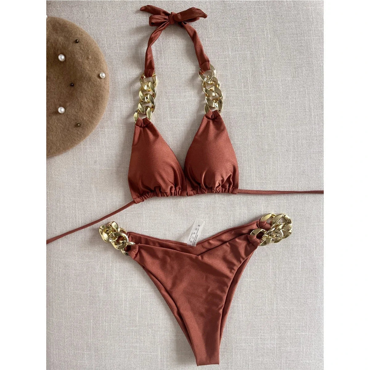 Solid Color Swimsuit Two Piece Chain Bikini V-neck Halter Lace-up Swimwear Low Waist Thong Beach Bathing Suit