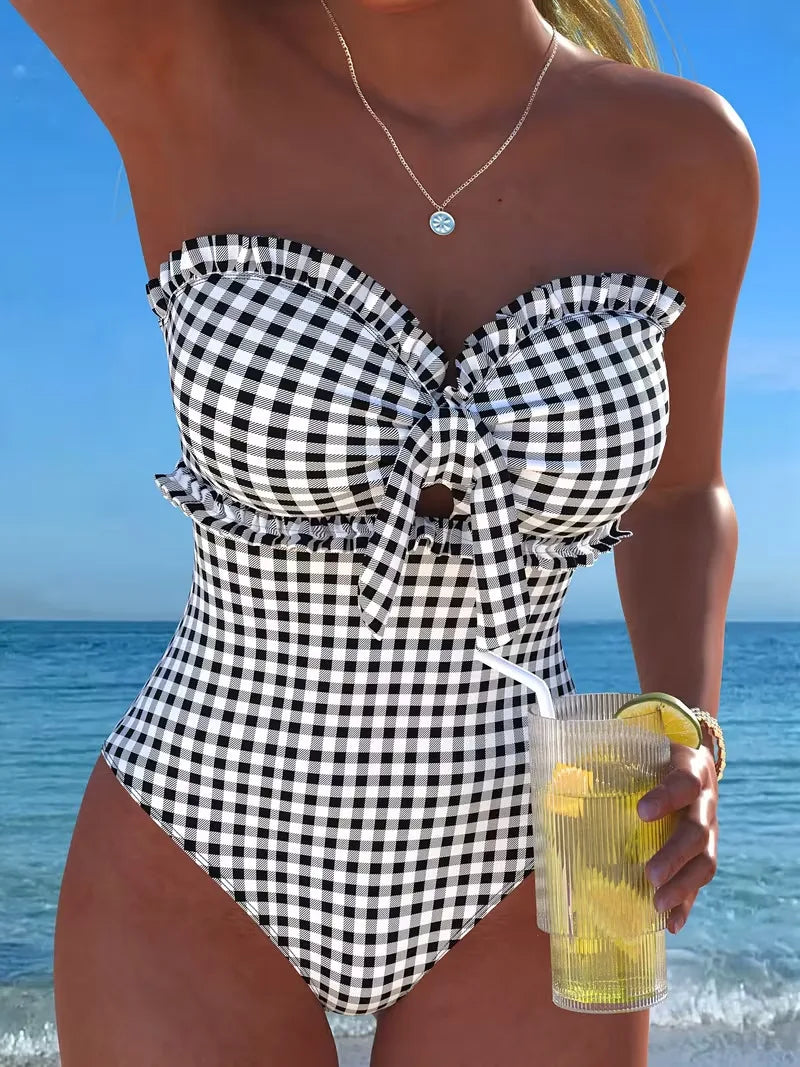 Strappy Swimsuit One Piece Striped Ruffle Swimwear Bathers Bathing Swimming Swim Suit Padded Beachwear Summer