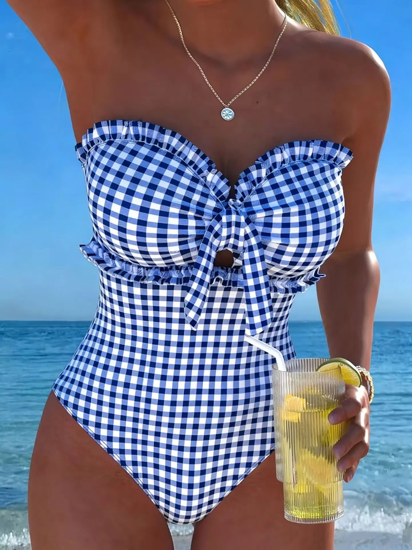 Strappy Swimsuit One Piece Striped Ruffle Swimwear Bathers Bathing Swimming Swim Suit Padded Beachwear Summer
