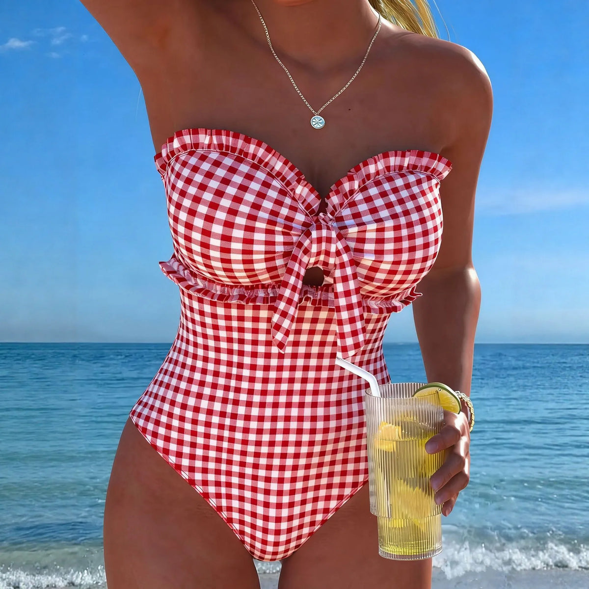Strappy Swimsuit One Piece Striped Ruffle Swimwear Bathers Bathing Swimming Swim Suit Padded Beachwear Summer