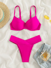 Swimsuit Pink Two Piece Bikini High Waist Underwire Suspender Swimwear Beach Bathing Suit Beachwear Summer