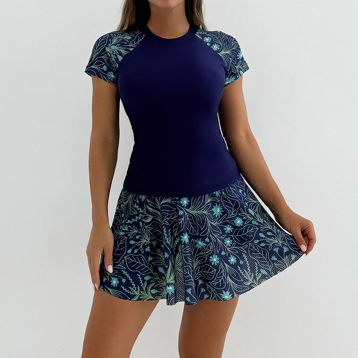 Split Bikini Beach Skirt Sports 2 Piece Swimsuit High Waist Tankini Swimwear Round Neck Short Sleeve Bathing Suit