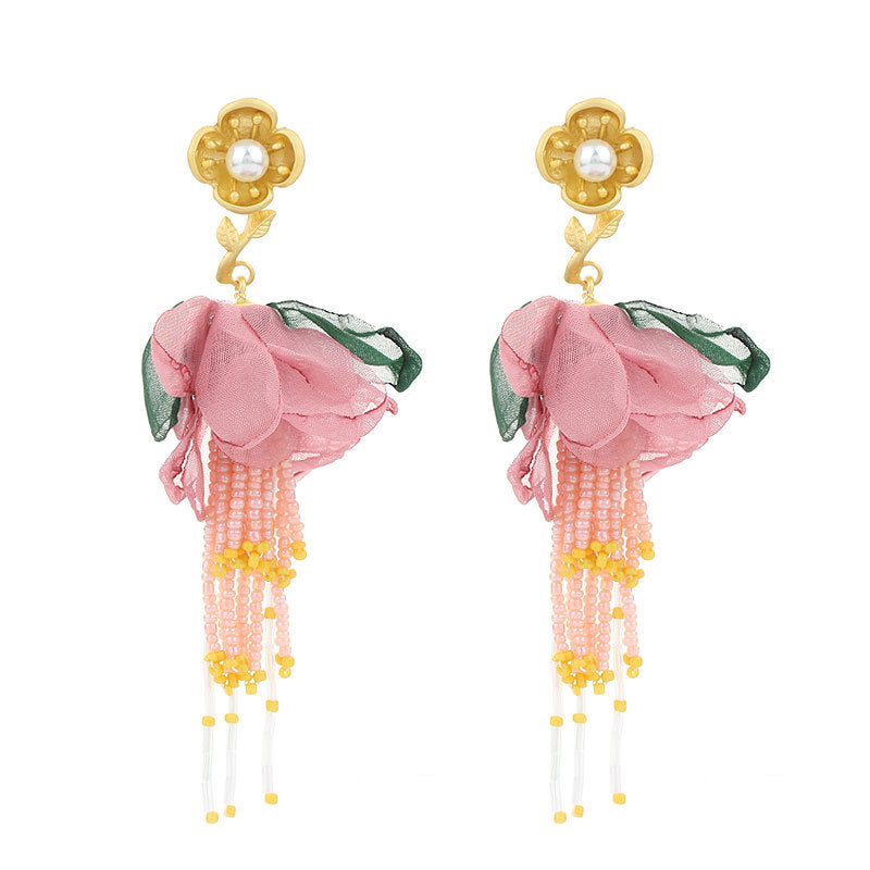 Handmade Fabric Floral Tassel Earrings